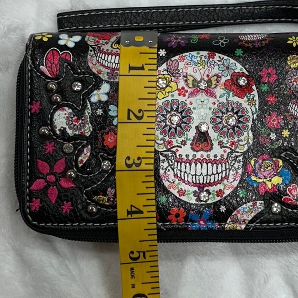 Sugar Skull Floral Zip-Around Wristlet Clutch – Boho Goth Style - Picture 8 of 12